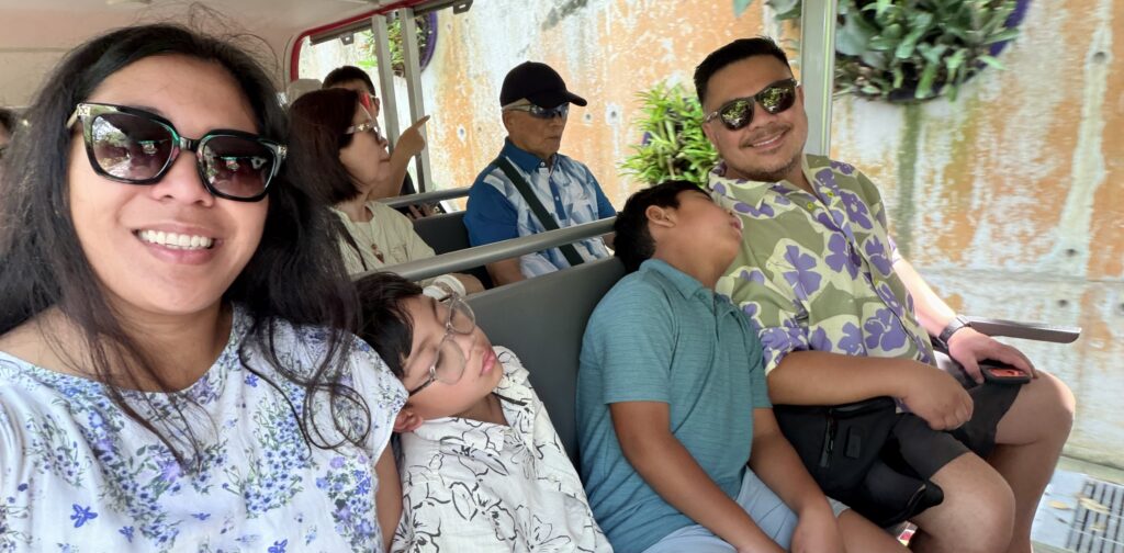 The kids alseep on the audio tram tour - Gardens by the Bay